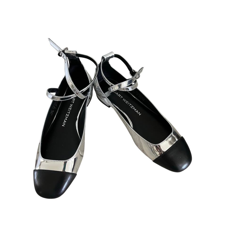 Stuart Weitzman Eden Silver Cap Toe Ankle Strap Flats Metallic Ballet Shoes 4B